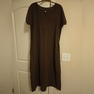 Casual Brown Linen Short Sleeve Maxi Dress with Pockets